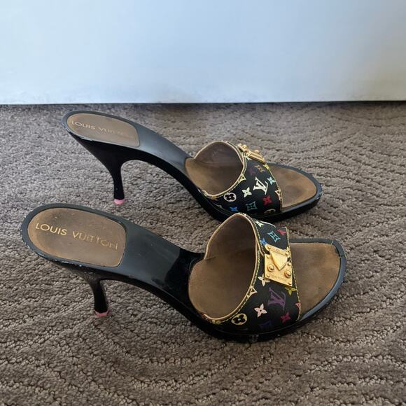 Louis Vuitton Y2K Murakami Black Multicolor LV Buckle Mule Sandals Heels EU 36.5 - Picture 9 of 14